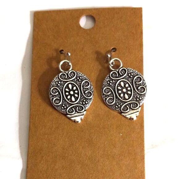 Silver Tone Earrings Dangle Drop Reverse Teardrop Ornament 1.5 Inch Drop - Picture 1 of 4